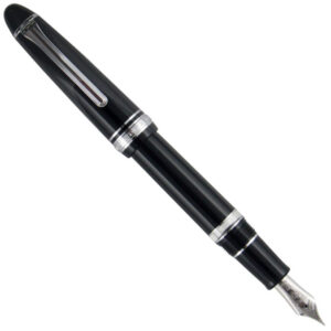 Sailor 1911 Large Realo Black Silver fountain pen shown uncapped.