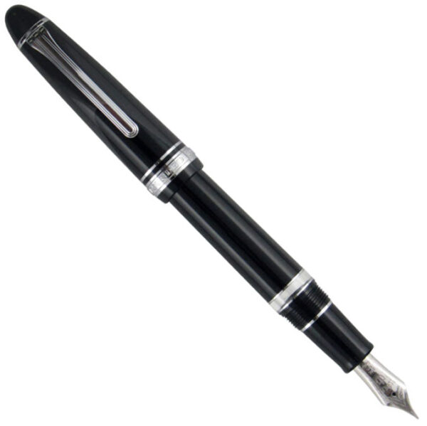 Sailor 1911 Large Realo Black Silver fountain pen shown uncapped.