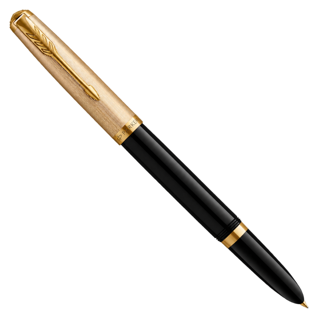 Black Parker 51 Deluxe fountain pen with gold cap, arrow clip and gold nib.