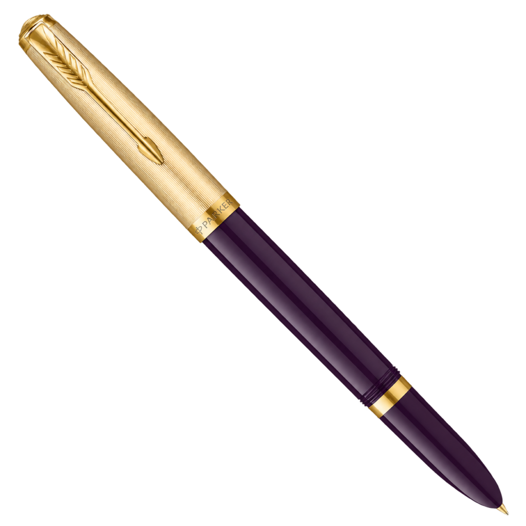 A plum-colored Parker 51 Deluxe fountain pen with a gold cap and gold trim shown diagonally on a white background.